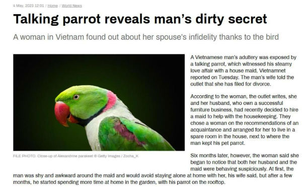 丈夫出轨被鹦鹉模仿露骨言语揭穿 网友：含情欲说宫中事，鹦鹉前头不敢言