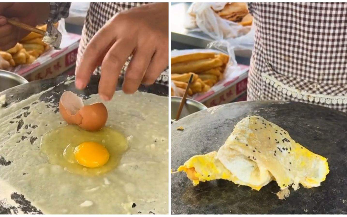 大妈做煎饼果子10年手法生疏：鸡蛋壳让网友蚌埠住了